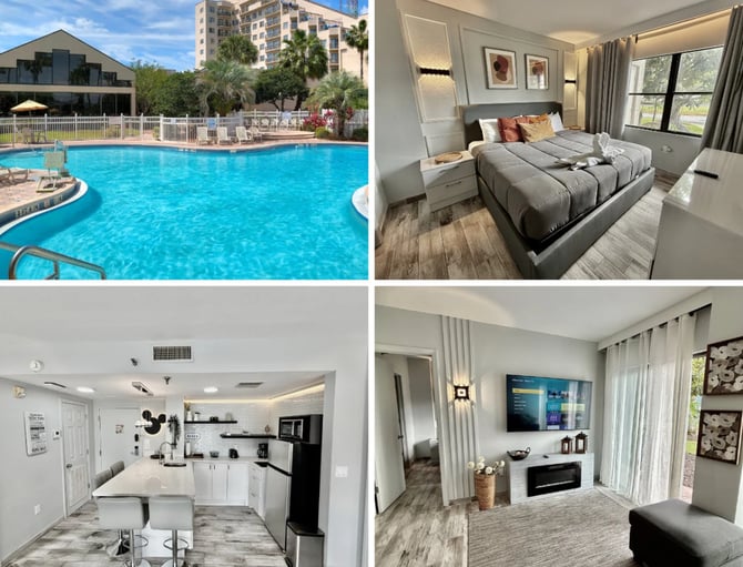 Resort pool with palm trees and high-rise building, modern bedroom with two beds, white kitchen with black appliances, and living room with fireplace and TV